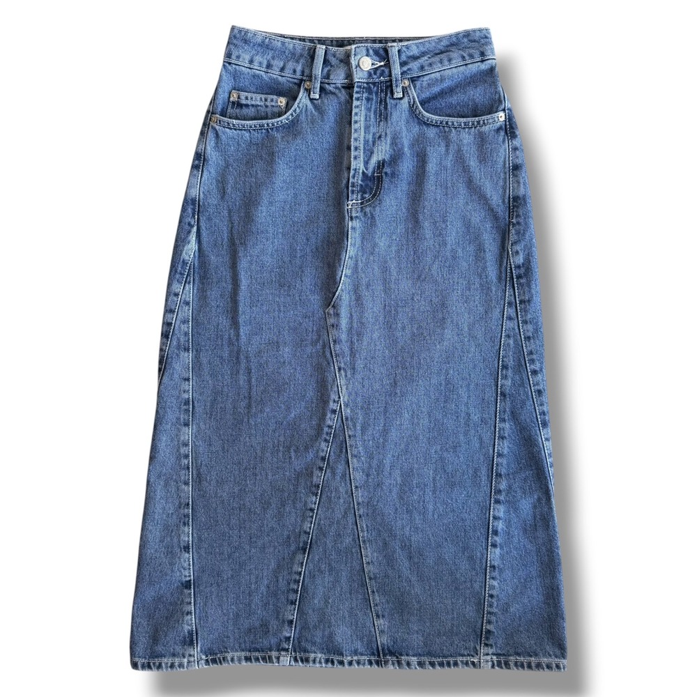 Topshop Womens 4 Blue Mid Wash Denim High Waisted Paneled A-Line Midi Skirt Boho
